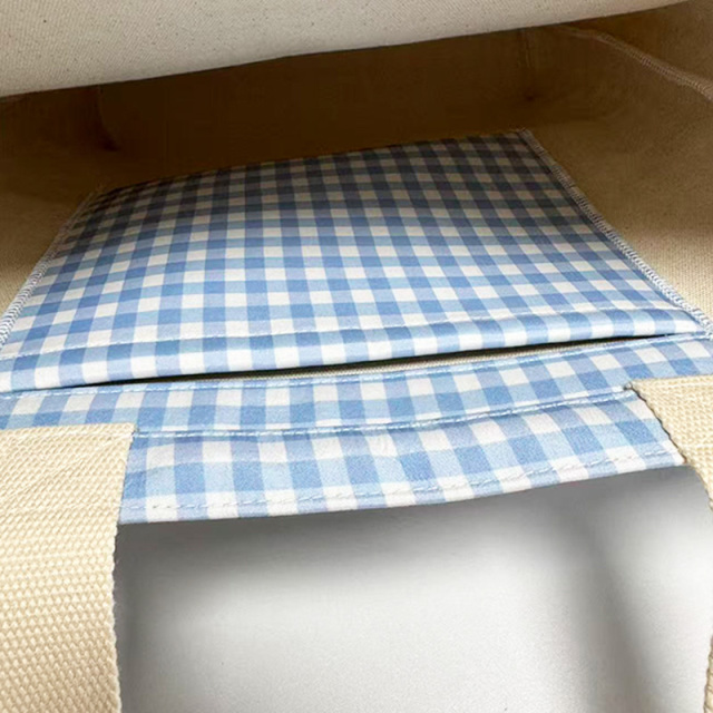 Blue white gingham check canvas tote bag