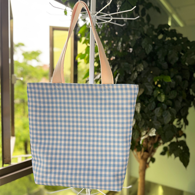 Blue white gingham check canvas tote bag