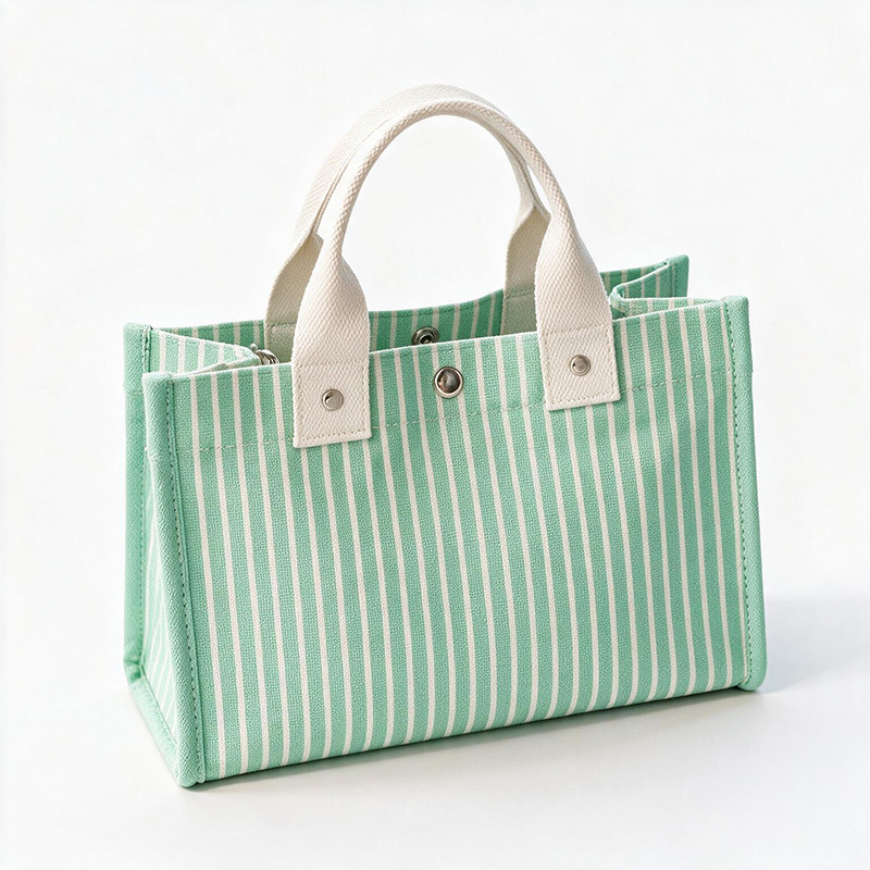 Striped canvas tote bag with snap‑button