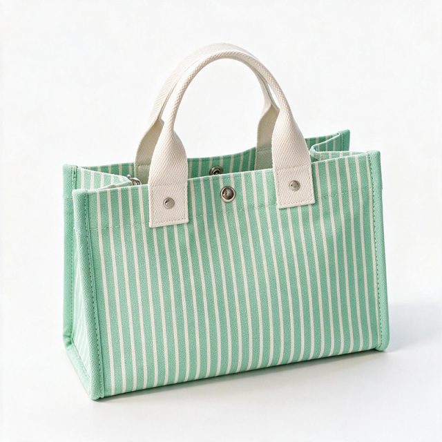 Striped canvas tote bag with snap‑button