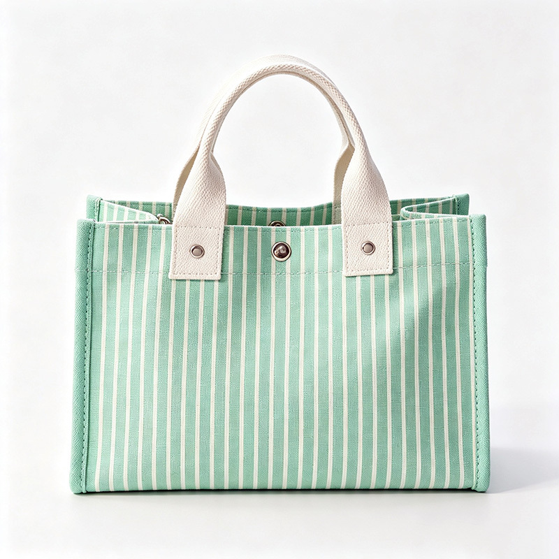 Striped canvas tote bag with snap‑button