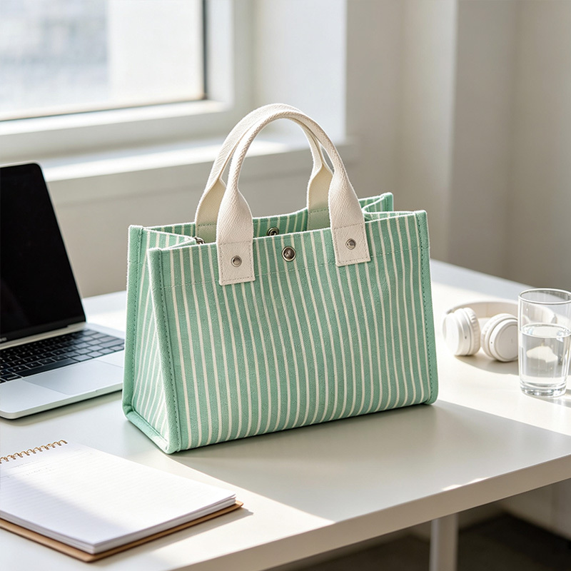 Striped canvas tote bag with snap‑button
