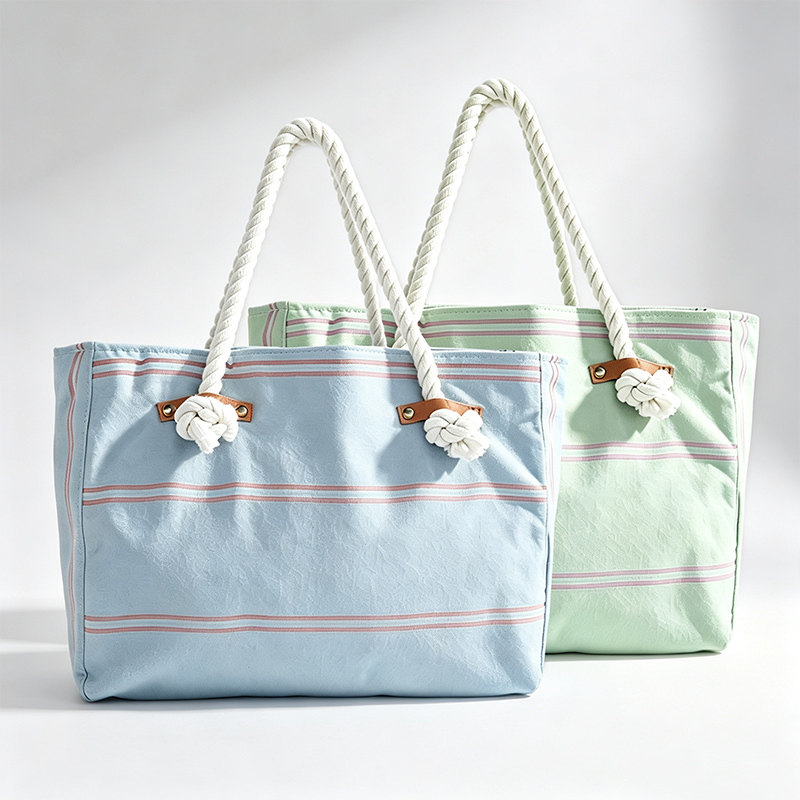 Striped Canvas Beach Tote Bag,cotton rope handle shopping bag,Custom‑logo striped large summer beach tote bag
