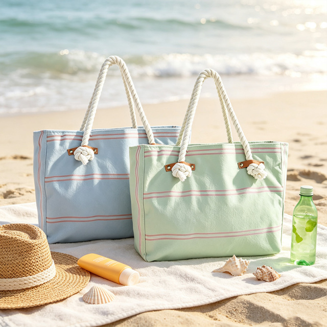 Striped Canvas Beach Tote Bag