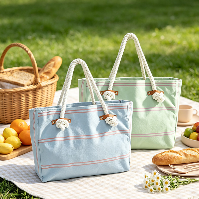 Striped vacation travel tote bag