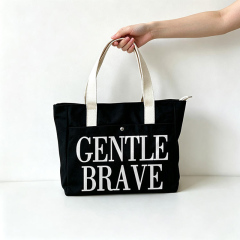 Custom‑logo black zipper‑top canvas tote bag