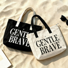 Custom‑logo black zipper‑top canvas tote bag