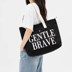Custom‑logo black zipper‑top canvas tote bag