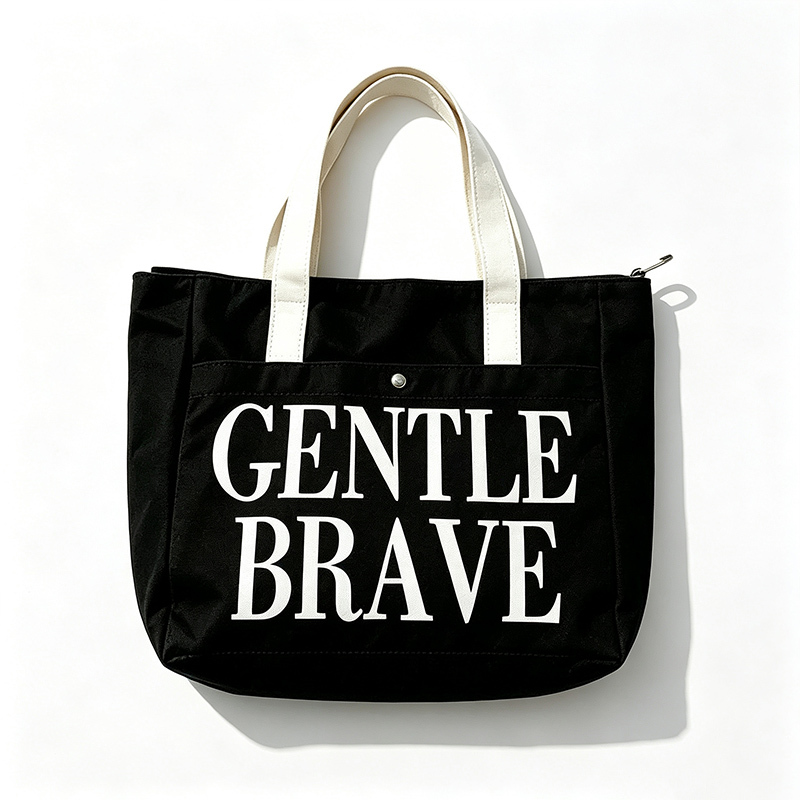 Custom‑logo black zipper‑top canvas tote bag