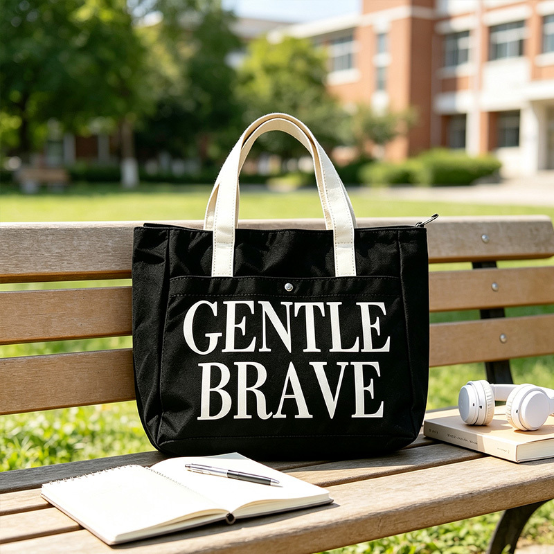 Custom‑logo black zipper‑top canvas tote bag