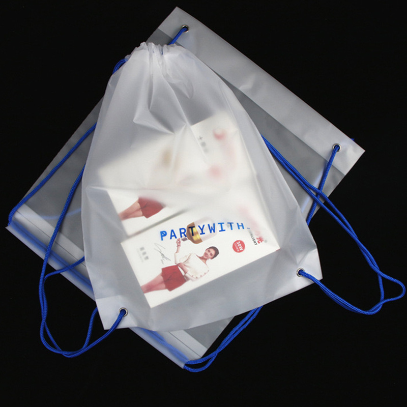 waterproof promotional packaging sack，Custom frosted translucent PE plastic drawstring bag