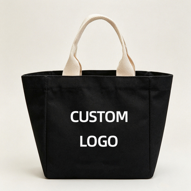 Custom Logo Black Canvas Tote Bag,Small structured black canvas tote handbag with off‑white cotton handles
