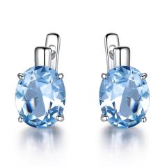 Blue Topaz Clip Earrings for Women Solid 925 Sterling Silver Jewelry Oval Gemstone Korean Earrings Gift for Her Jewelry