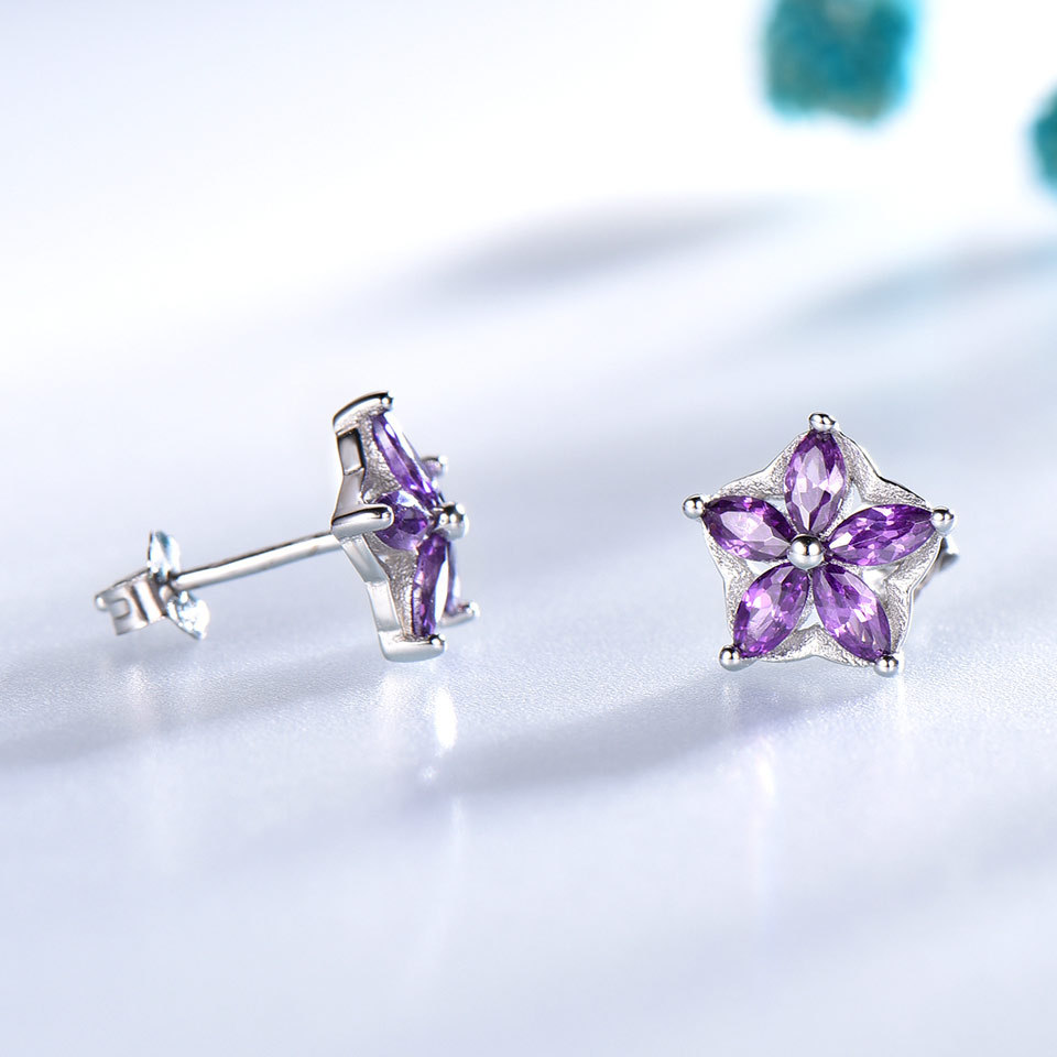 Rhodium Plated Elegant S925 Sterling Silver Flower Stud Earrings For Women Created Amethyst Gemstone Jewelry Star Silver Earrings For Christmas Gift