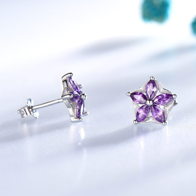 Rhodium Plated Elegant S925 Sterling Silver Flower Stud Earrings For Women Created Amethyst Gemstone Jewelry Star Silver Earrings For Christmas Gift