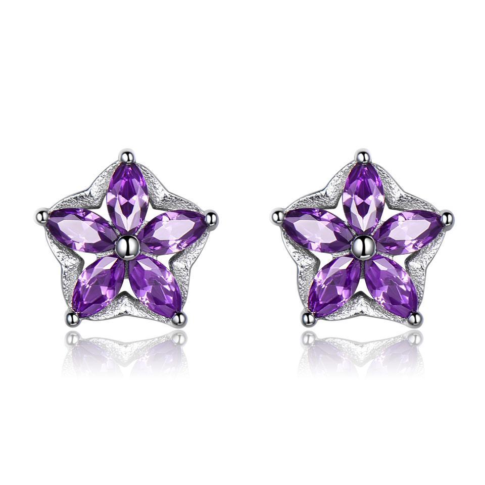 Rhodium Plated Elegant S925 Sterling Silver Flower Stud Earrings For Women Created Amethyst Gemstone Jewelry Star Silver Earrings For Christmas Gift