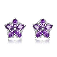 Rhodium Plated Elegant S925 Sterling Silver Flower Stud Earrings For Women Created Amethyst Gemstone Jewelry Star Silver Earrings For Christmas Gift