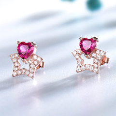 Solid 925 Sterling Silver Stud Earrings For Women Created Ruby Gemstone Cute Korean Earrings Girl Christmas Party Jewelry