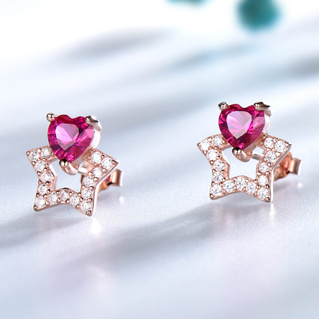Solid 925 Sterling Silver Stud Earrings For Women Created Ruby Gemstone Cute Korean Earrings Girl Christmas Party Jewelry