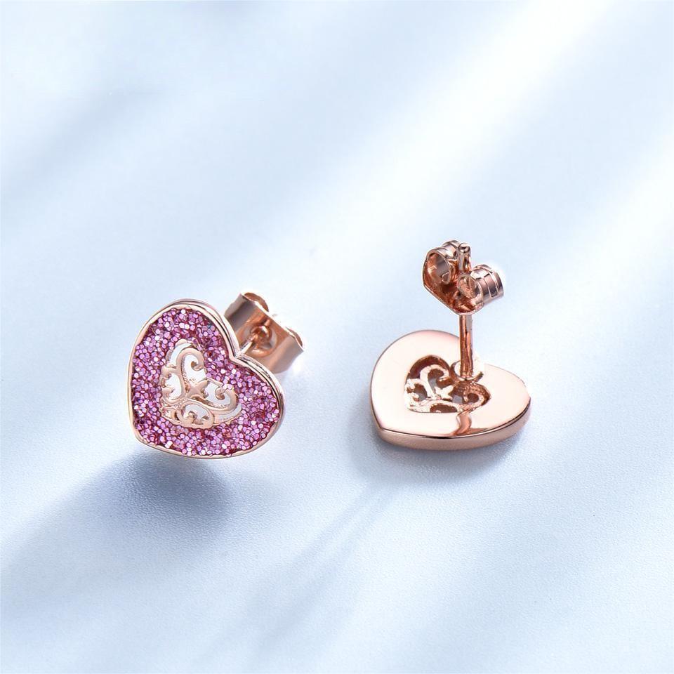 Solid 925 Sterling Silver Stud Earrings Glitter Heart Rose Gold Color Earrings For Women Romantic Gift Jewelry
