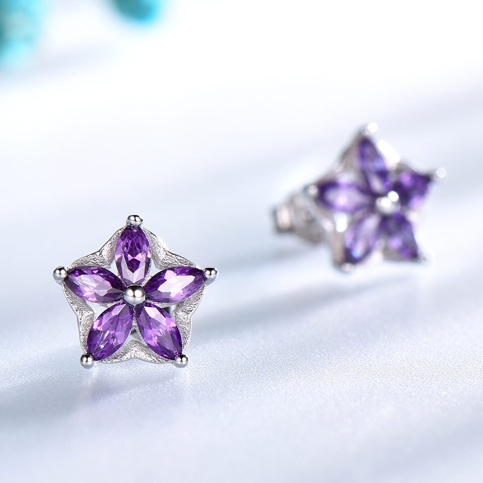 Rhodium Plated Elegant S925 Sterling Silver Flower Stud Earrings For Women Created Amethyst Gemstone Jewelry Star Silver Earrings For Christmas Gift