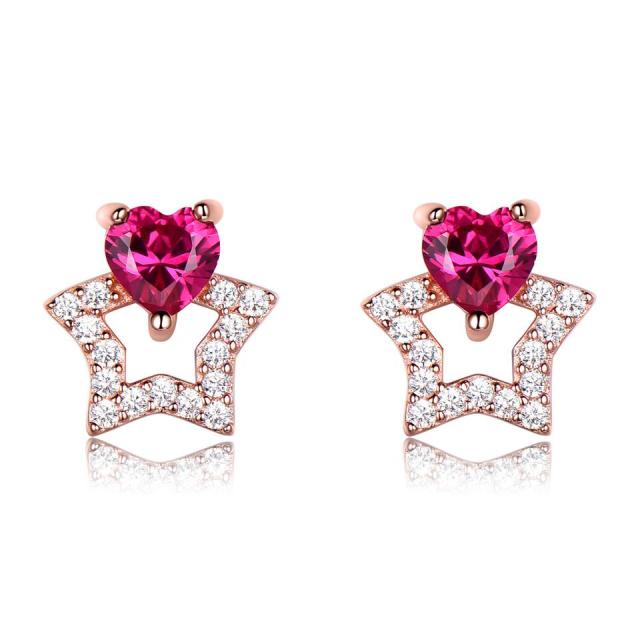 Solid 925 Sterling Silver Stud Earrings For Women Created Ruby Gemstone Cute Korean Earrings Girl Christmas Party Jewelry