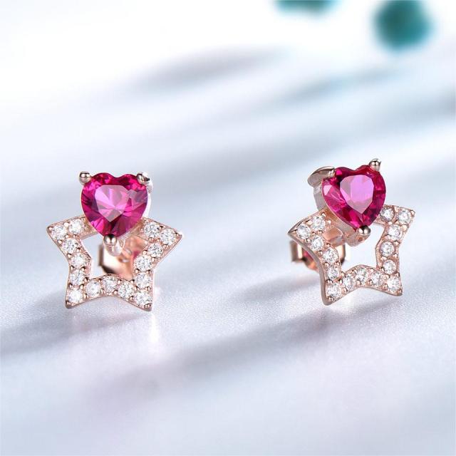 Solid 925 Sterling Silver Stud Earrings For Women Created Ruby Gemstone Cute Korean Earrings Girl Christmas Party Jewelry