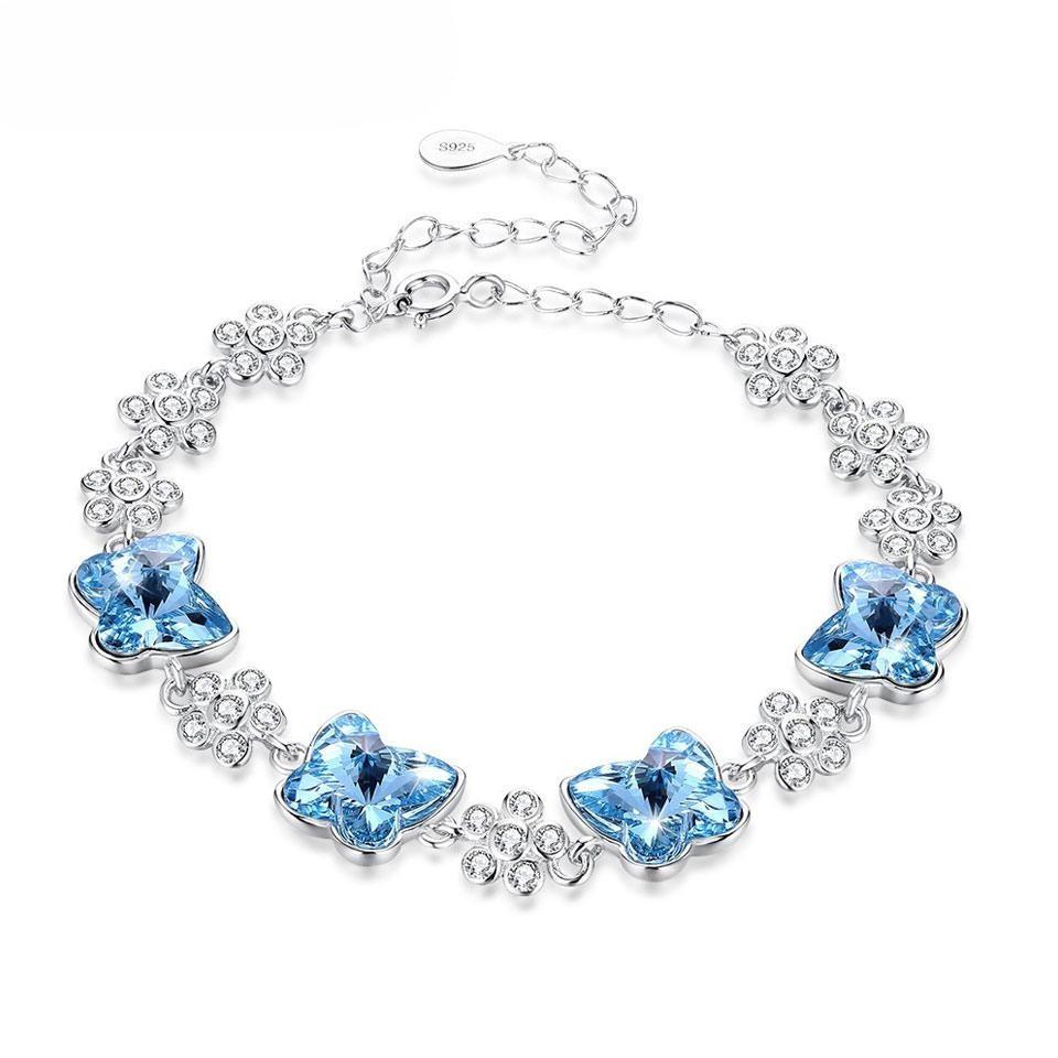 Real 925 Silver Flower Butterfly Crystal Bracelets Romantic Fine Jewelry For Women Festival Party Wedding Anniversary Gift