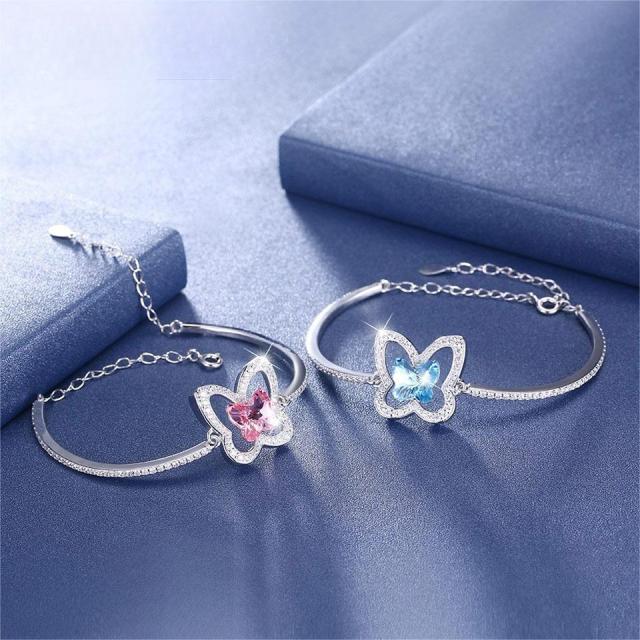Wholesale Jewelry Supplier Crystal S925 Silver Bracelet with Adjustable Chain & Micro Pave CZ Butterfly Pink Blue Bracelets Jewelry For Women Girls Festival Gift