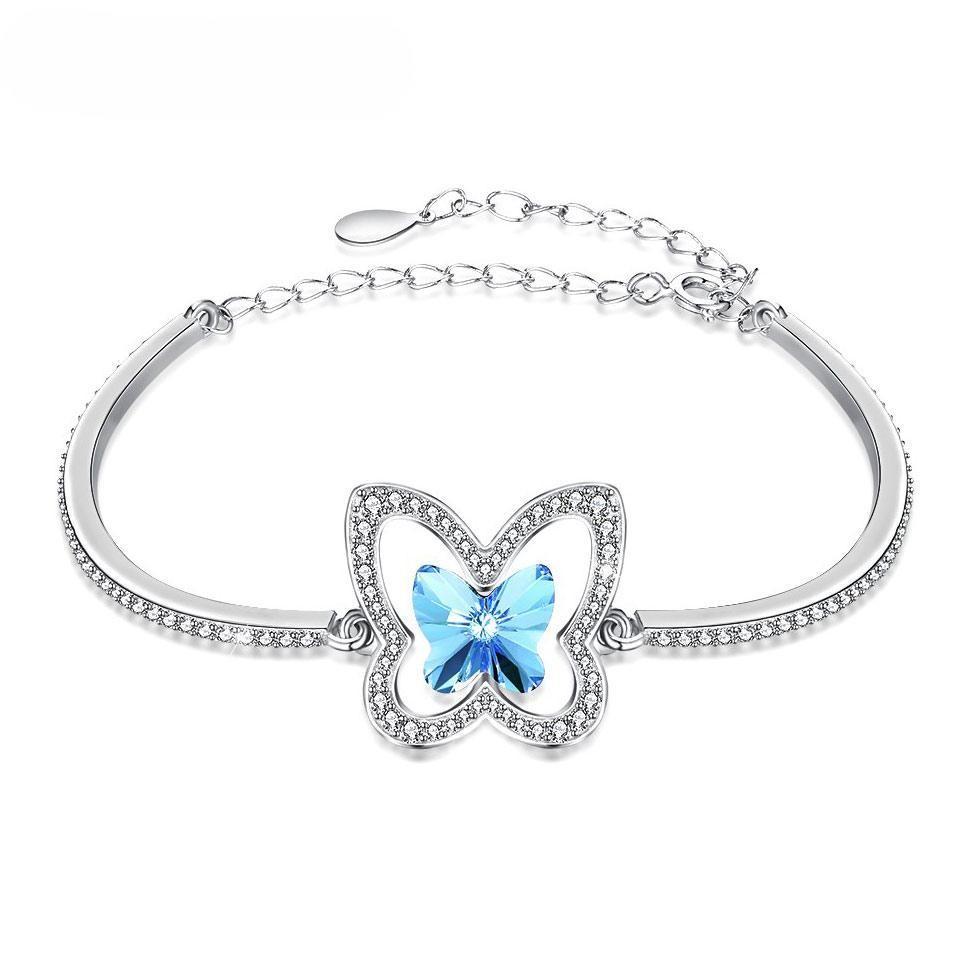 Wholesale Jewelry Supplier Crystal S925 Silver Bracelet with Adjustable Chain & Micro Pave CZ Butterfly Pink Blue Bracelets Jewelry For Women Girls Festival Gift