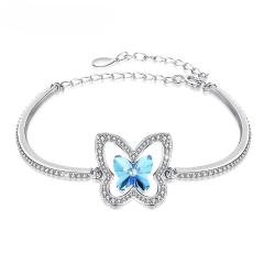 Wholesale Jewelry Supplier Crystal S925 Silver Bracelet with Adjustable Chain & Micro Pave CZ Butterfly Pink Blue Bracelets Jewelry For Women Girls Festival Gift