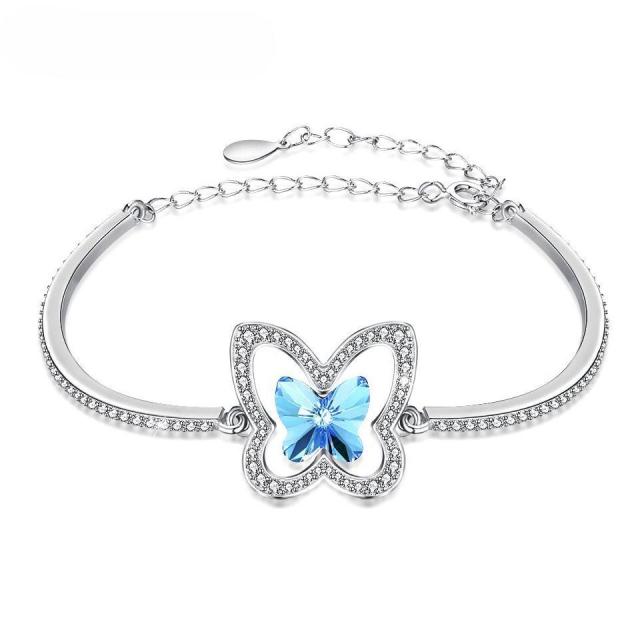 Wholesale Jewelry Supplier Crystal S925 Silver Bracelet with Adjustable Chain & Micro Pave CZ Butterfly Pink Blue Bracelets Jewelry For Women Girls Festival Gift