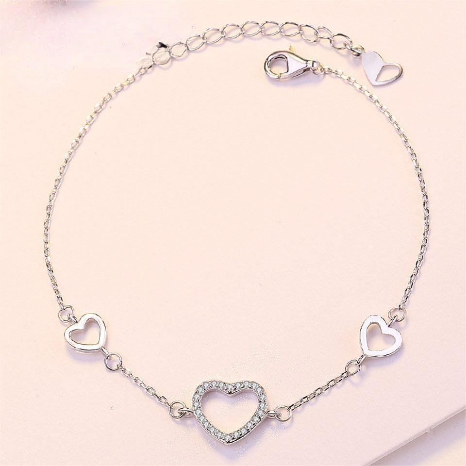 Romantic Heart Shape Zircon Bracelets & Bangles Real 925 Sterling Silver Charm Bracelets For Women Fine Jewelry