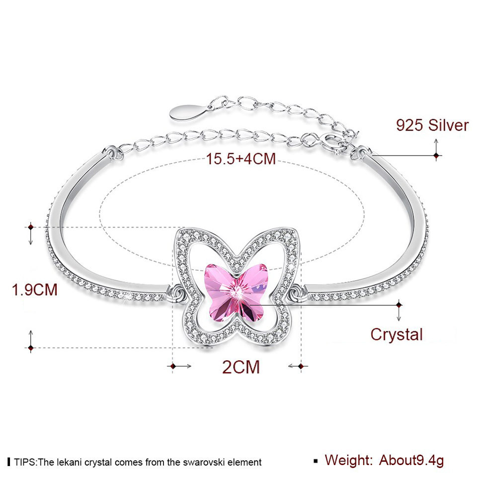 Wholesale Jewelry Supplier Crystal S925 Silver Bracelet with Adjustable Chain & Micro Pave CZ Butterfly Pink Blue Bracelets Jewelry For Women Girls Festival Gift