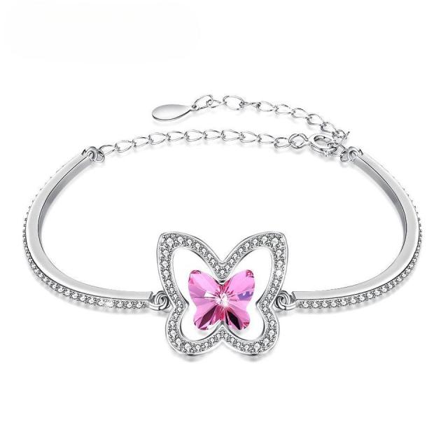 Wholesale Jewelry Supplier Crystal S925 Silver Bracelet with Adjustable Chain & Micro Pave CZ Butterfly Pink Blue Bracelets Jewelry For Women Girls Festival Gift