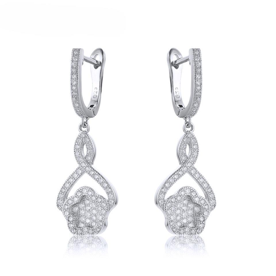 White Cubic Zircon Flower Earrings Solid 925 Sterling Silver Clip Earrings For Women Bride Wedding Classic Fine Jewelry