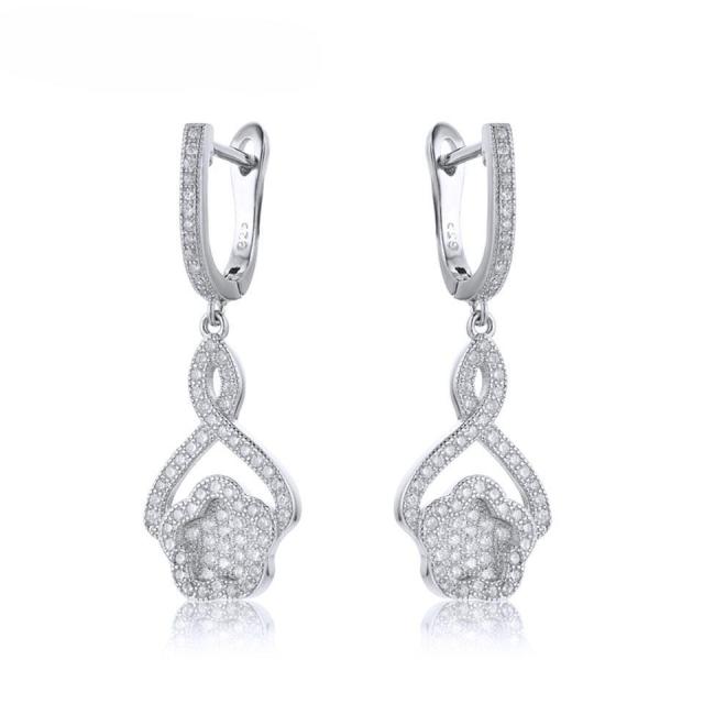 White Cubic Zircon Flower Earrings Solid 925 Sterling Silver Clip Earrings For Women Bride Wedding Classic Fine Jewelry