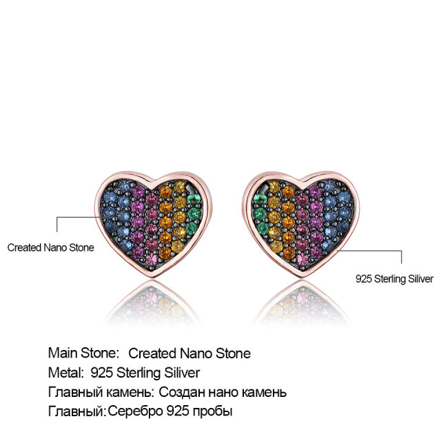Pure 925 Sterling Silver Gemstones Earrings Colorful Heart Stud Earrings For Women Valentine's Gift Fine Jewelry
