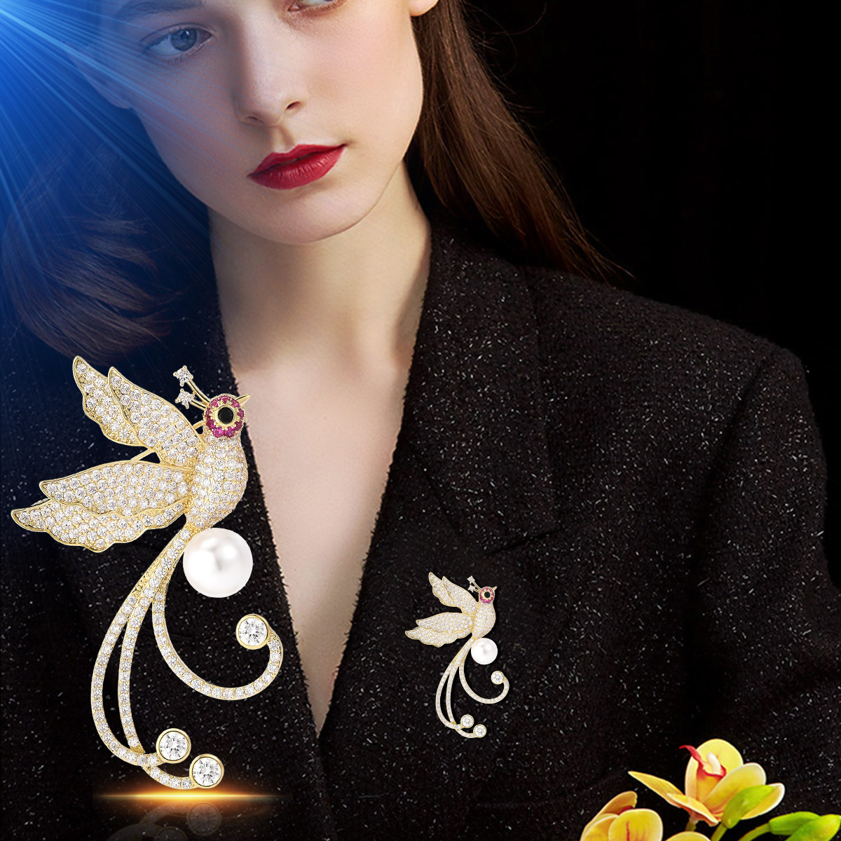Luxury Rhinestone Phoenix Natural Pearl Cubic Zircon Stone Pave Setting Elegant Brooch Collar Pins For Suit Shining Women Party Brooches Jewelry