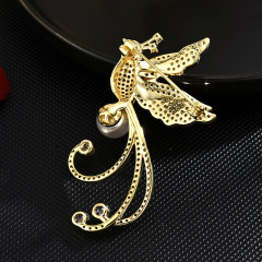 Luxury Rhinestone Phoenix Natural Pearl Cubic Zircon Stone Pave Setting Elegant Brooch Collar Pins For Suit Shining Women Party Brooches Jewelry