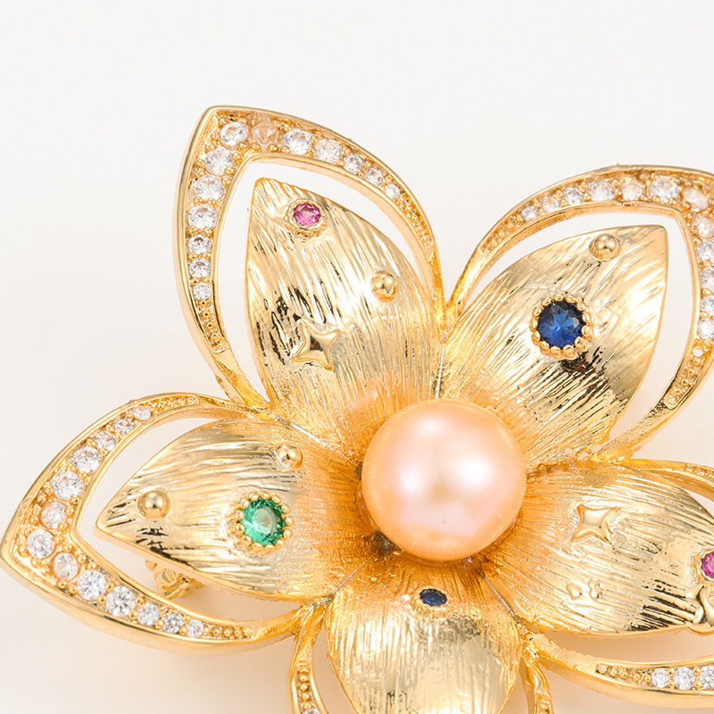 Flower Natural Pearl Cubic Zircon Stone Pave Setting Brooch Collar Pins For Suit Shining Women Party Brooches Jewelry