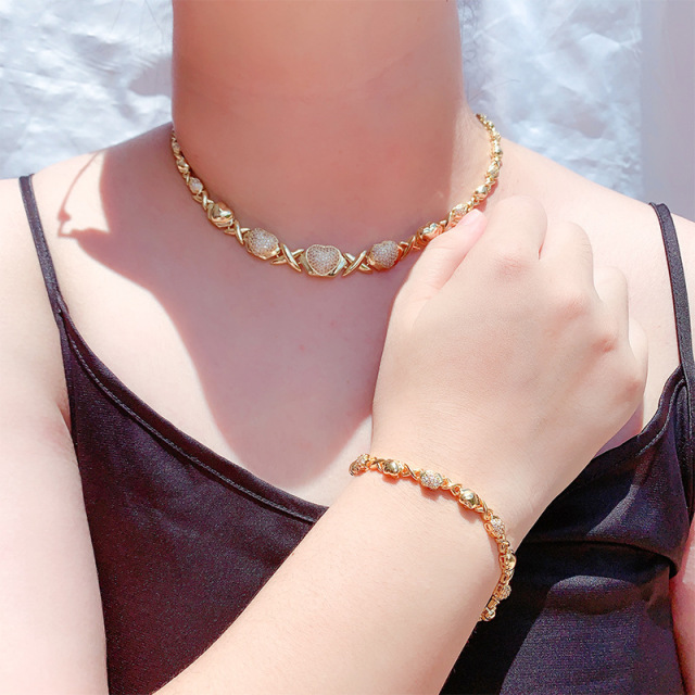 Elegant Luxury Gold Plated Cubic Zirconia Stone Pave Setting Exquisite Necklace Bracelet Jewelry Set Charm Ladies Girls Jewelry Fashion Accessory Set Gifts