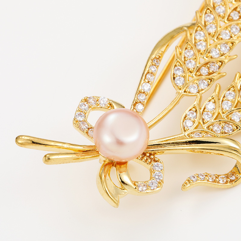 Luxury Rhinestone Wheat Ear Natural Pearl Brooch Collar Pins For Suit Shining Women Men's Party Brooches Jewelry