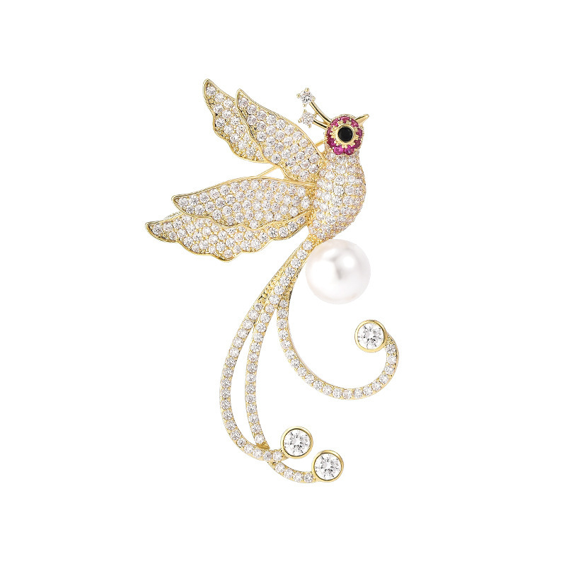 Luxury Rhinestone Phoenix Natural Pearl Cubic Zircon Stone Pave Setting Elegant Brooch Collar Pins For Suit Shining Women Party Brooches Jewelry
