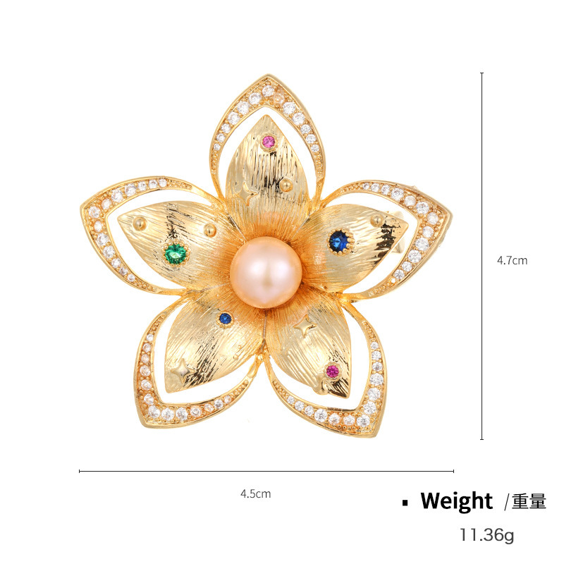 Flower Natural Pearl Cubic Zircon Stone Pave Setting Brooch Collar Pins For Suit Shining Women Party Brooches Jewelry