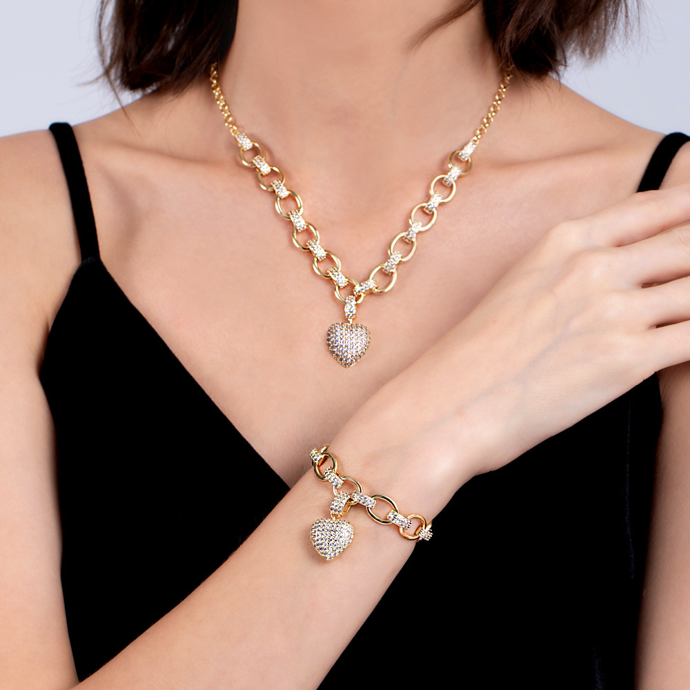 Elegant CZ Pave Setting Brass Exquisite Necklace Bracelet Jewelry Set Heart Charms Ladies Girls Jewelry Fashion Accessory Set Gifts and daily use