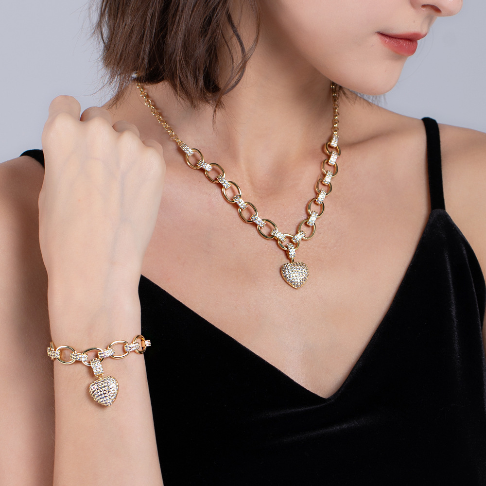 Elegant CZ Pave Setting Brass Exquisite Necklace Bracelet Jewelry Set Heart Charms Ladies Girls Jewelry Fashion Accessory Set Gifts and daily use