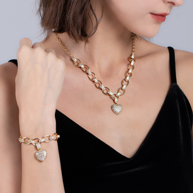 Elegant CZ Pave Setting Brass Exquisite Necklace Bracelet Jewelry Set Heart Charms Ladies Girls Jewelry Fashion Accessory Set Gifts and daily use