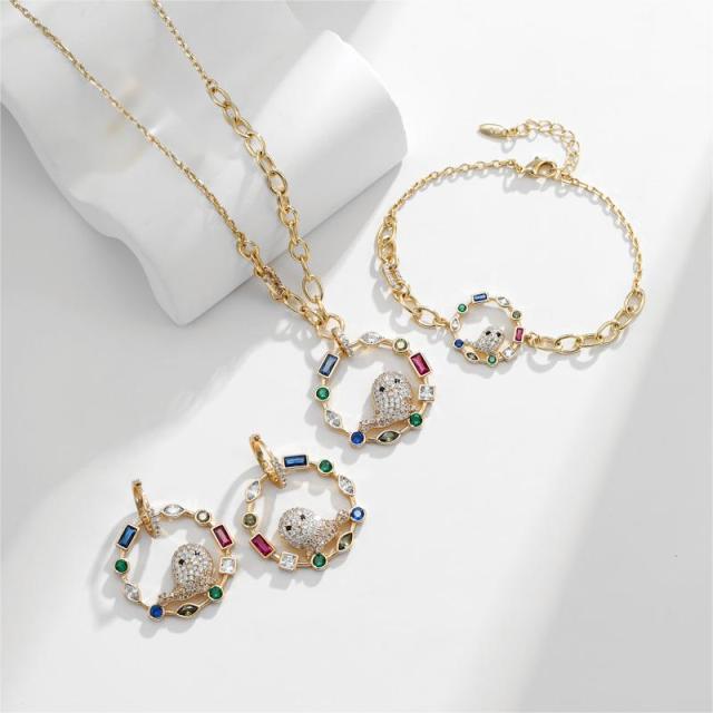 18K Gold Plated Colorful CZ Stone Setting Exquisite Bird Necklace Earrings Bracelet Jewelry Set Charm Ladies Girls Jewelry Fashion Accessory Set Cute Gifts