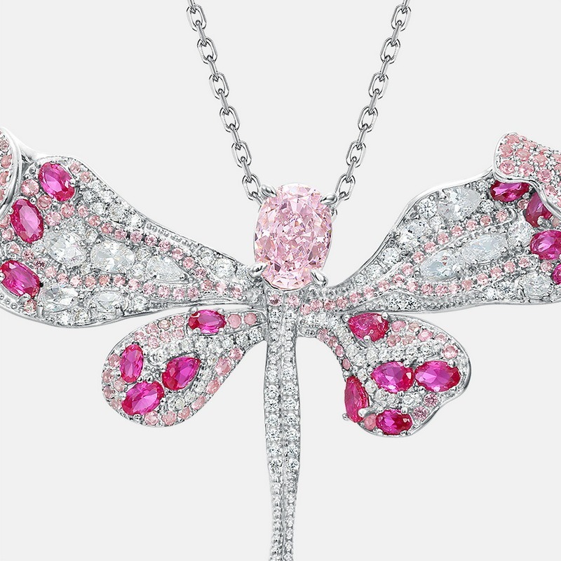 S925 silver Hot-selling Dragonfly-shaped Light pink high-Carbon Diamond Pendant full-set Colored Diamond European and American Individual Drop Pendant necklace